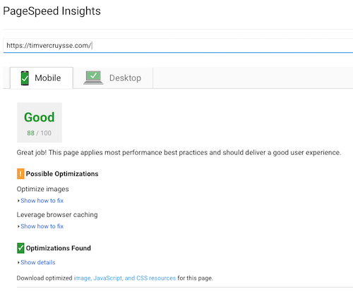 PageSpeed for timvercruysse.com